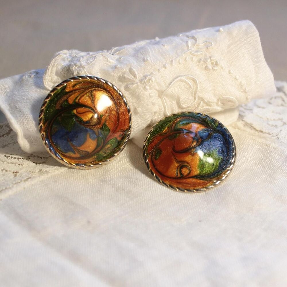 Vintage style artsy orange, blue and green circular enamel earrings